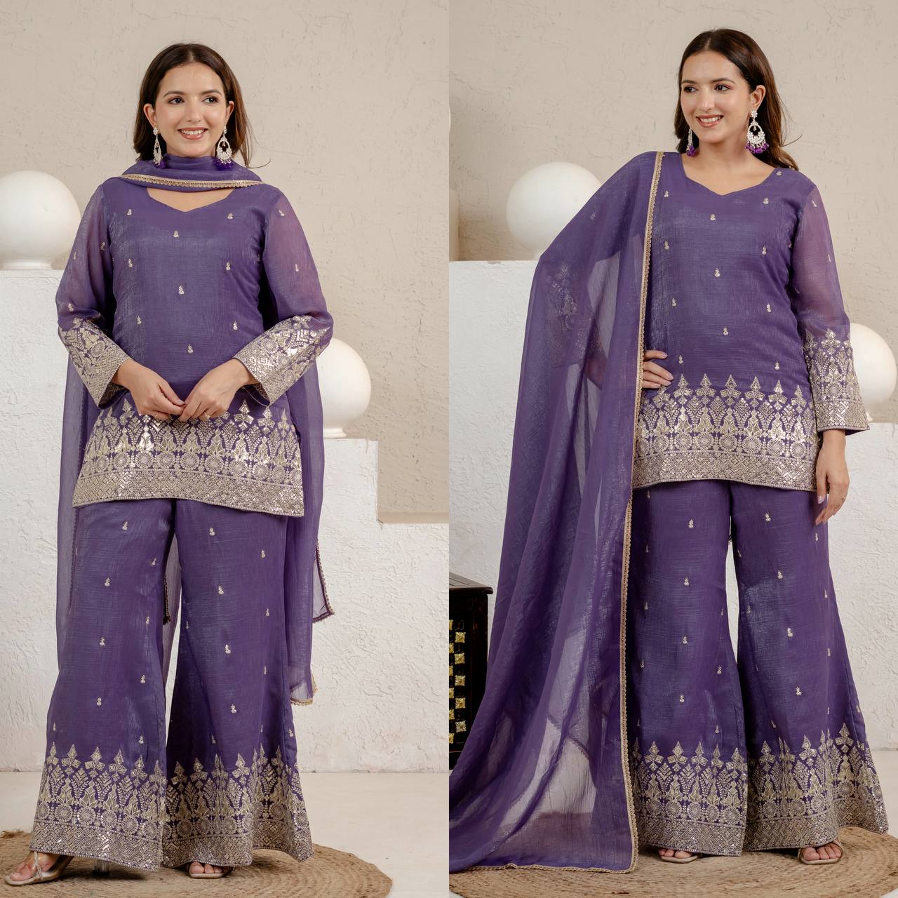 Elegant Lavender Embellished Kurta and Flared Sharara Set Featuring Intricate Silver Zari Embroidery and a Sheer Matching Dupatta